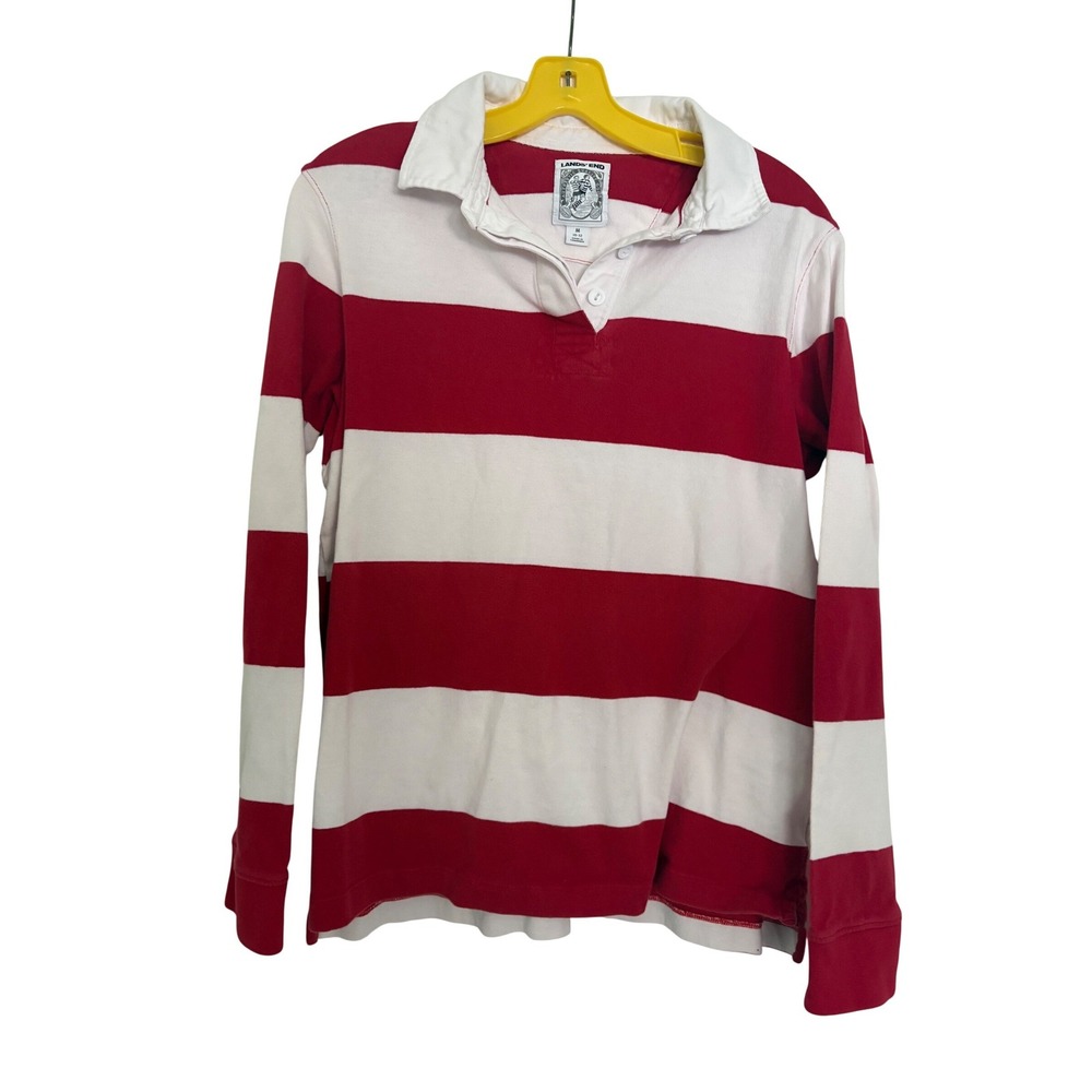 Lands End Rugby Shirt Red White Striped Size Youth Medium Cotton Preppy Retro
